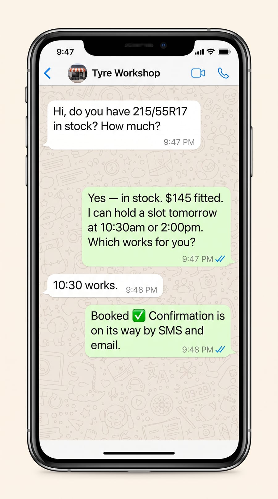 Generated mockup of the documented after-hours WhatsApp exchange
