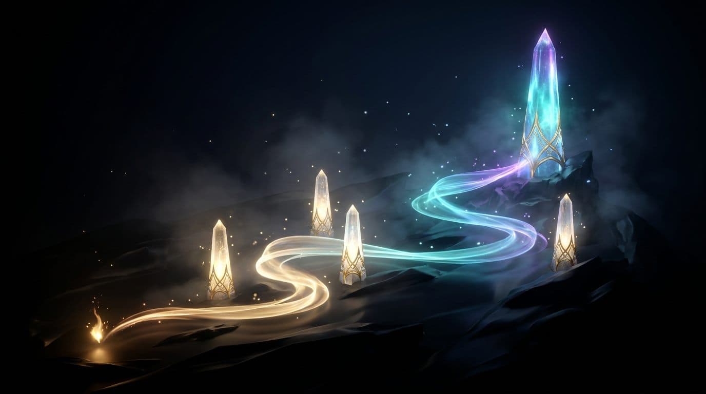 A glowing path of light passing through four milestone beacons, ending at a completed glowing structure