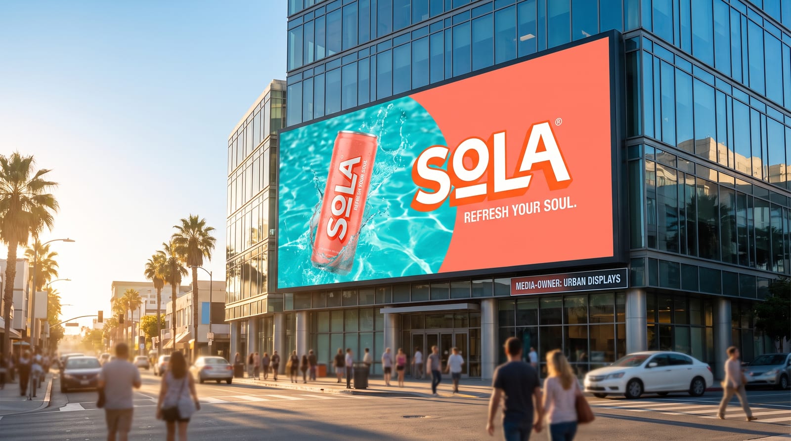 Generated billboard campaign for Sola, the fictional demo drink brand
