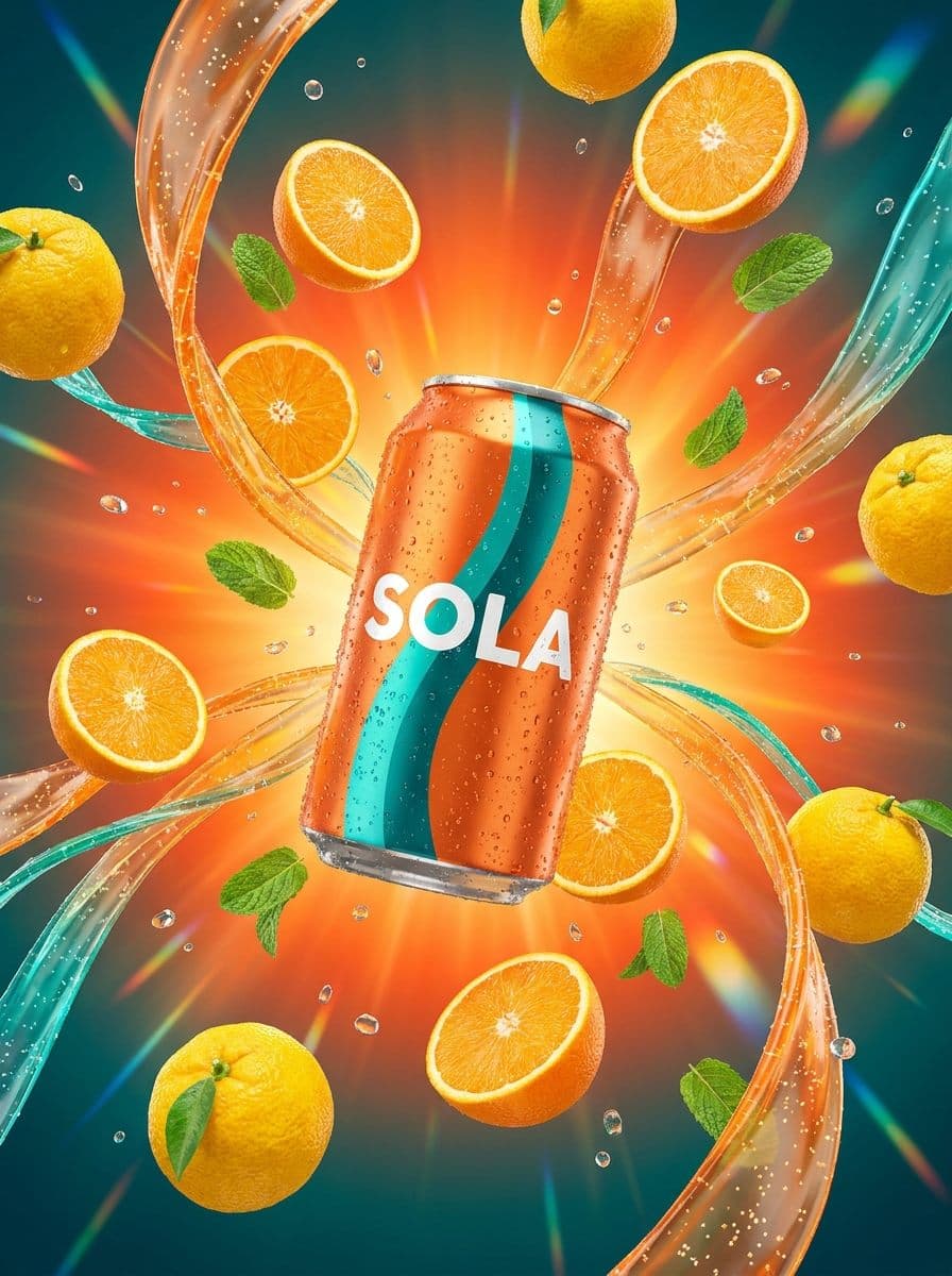 Sola poster with a burst of fruit and colour around the can