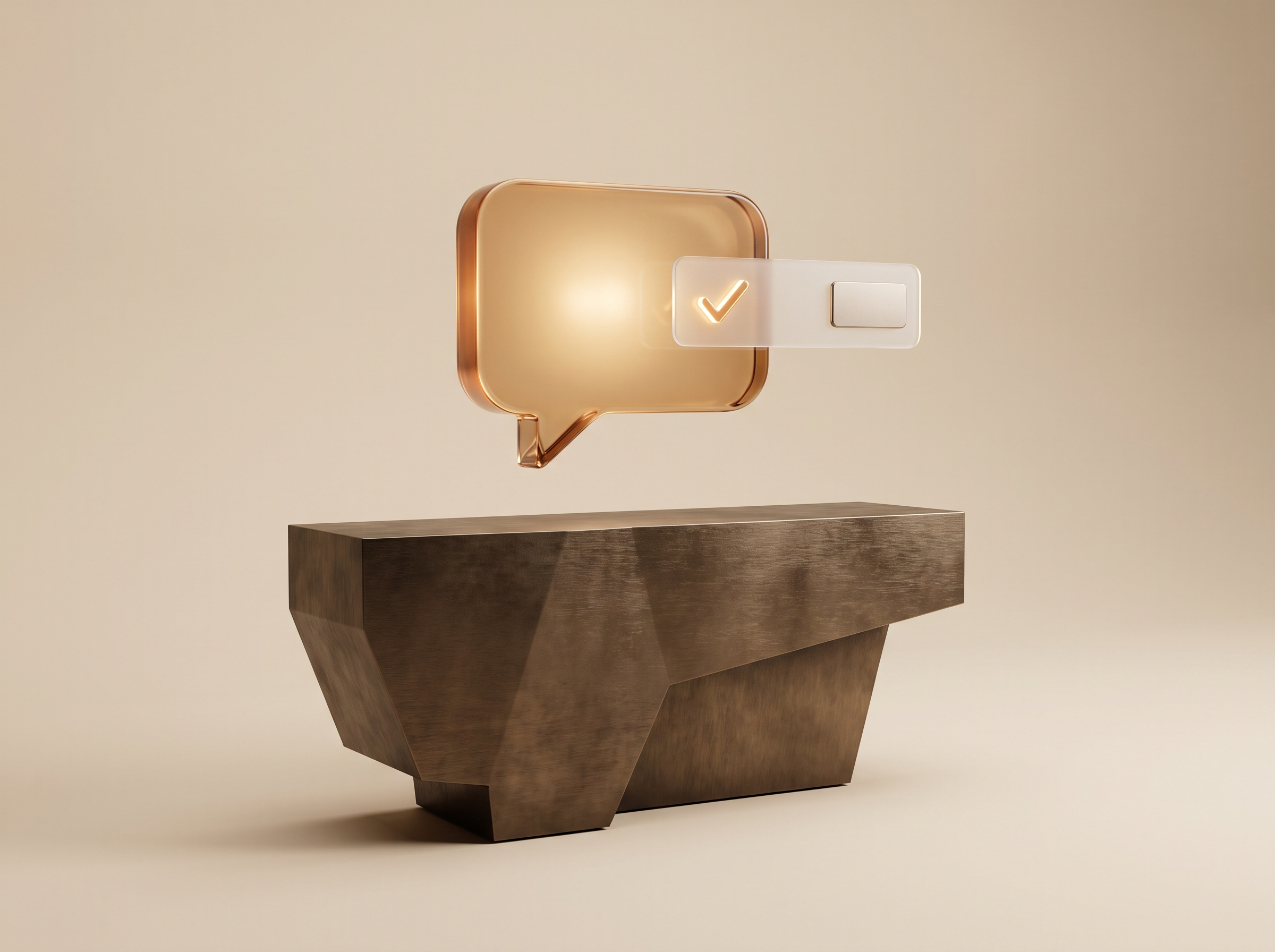 HI-DESK faceted bronze plinth with an amber speech bubble and frosted-glass reply card