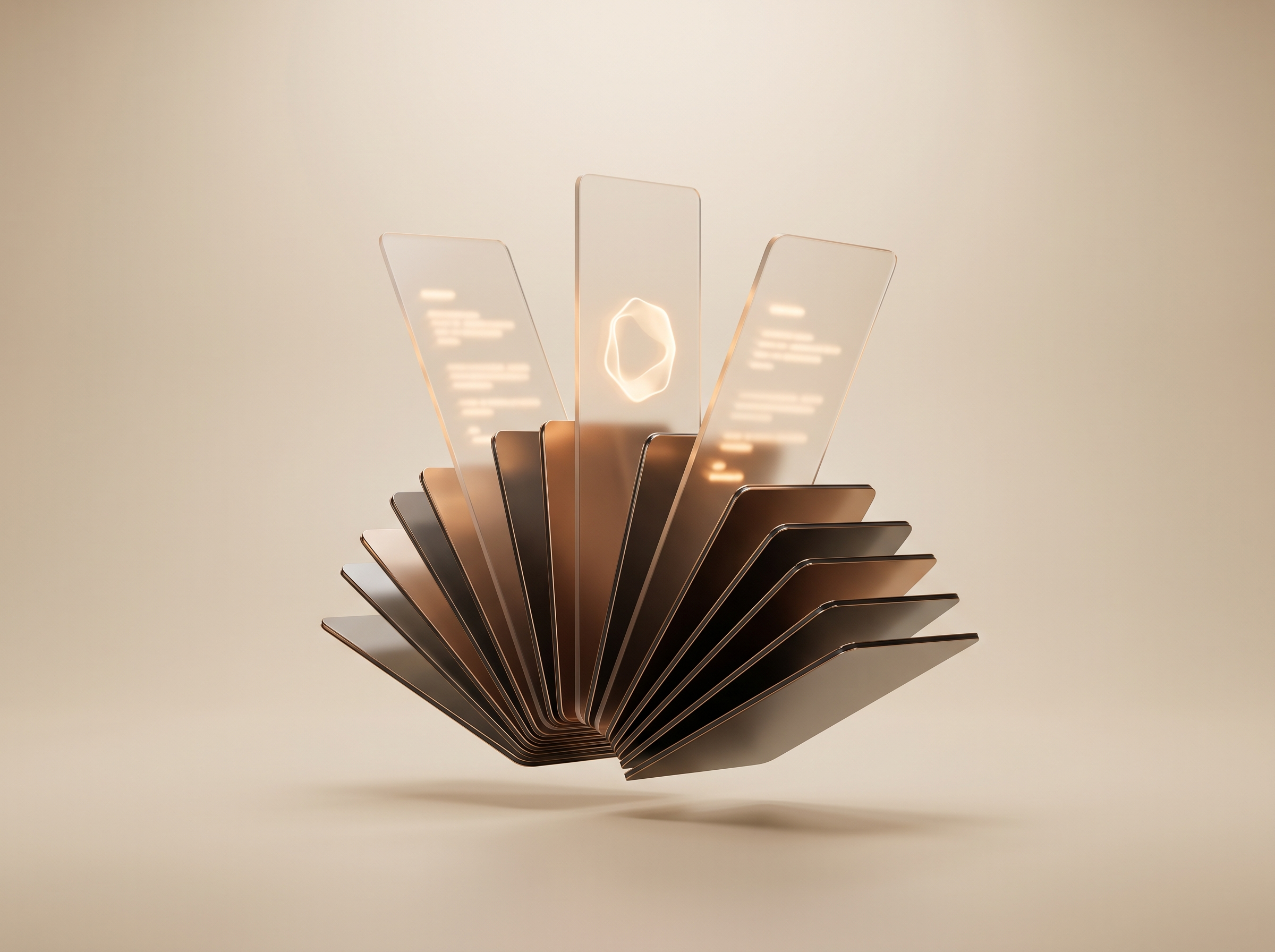 HI-POST bronze card fan projecting rising frosted-glass campaign panes