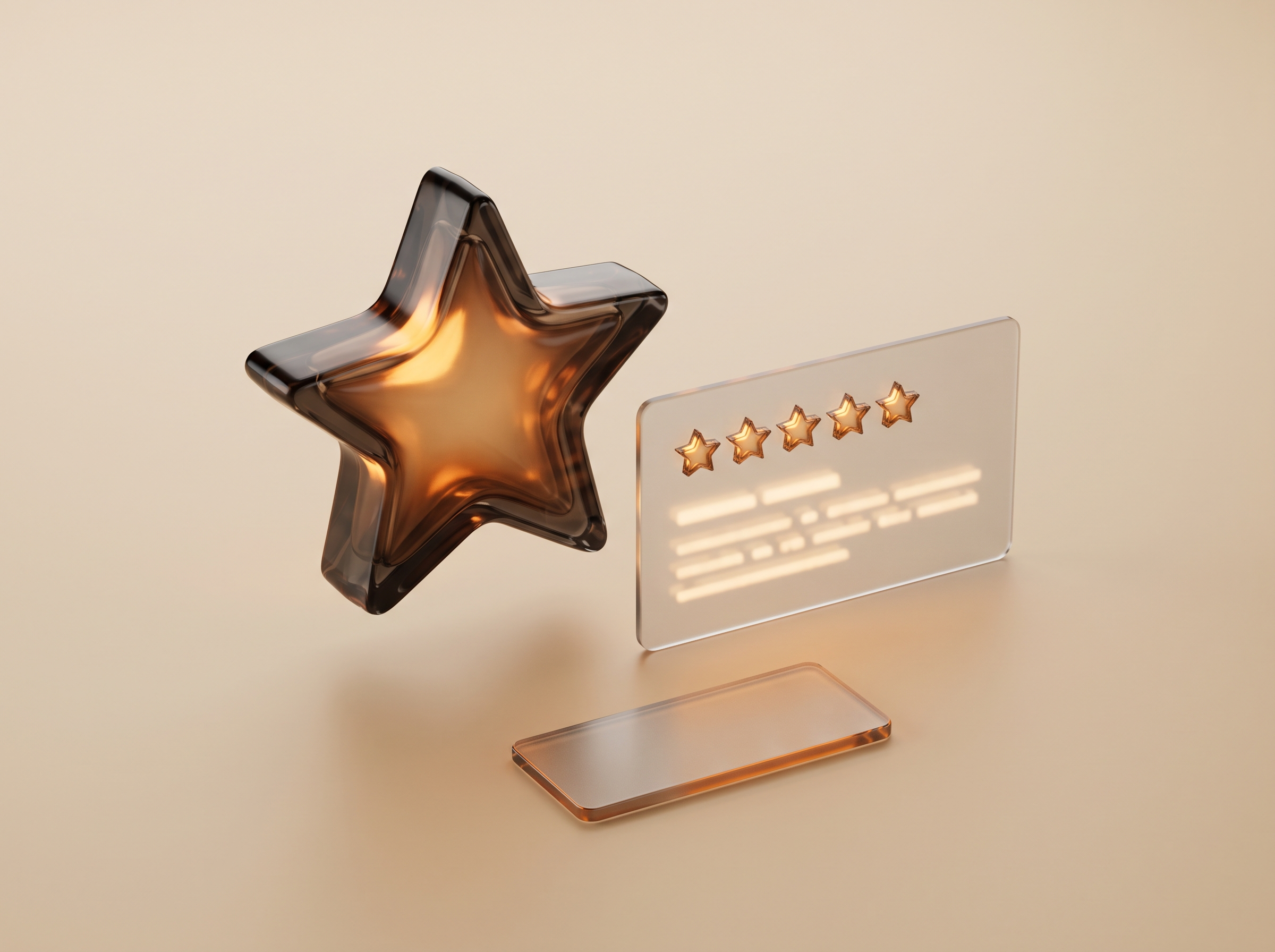 HI-STAR glass star beside a frosted-glass five-star review card and voucher chip